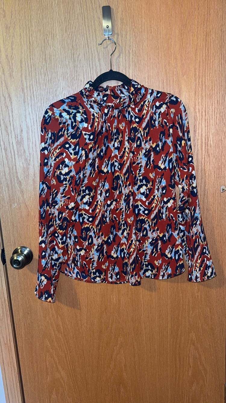 Allison Joy Evereve Red and Blue Abstract Geometric Mock Neck Blouse Size XS